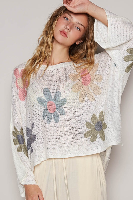 POL Flower Dropped Shoulder Long Sleeve Knit Top-POL-White-S-Urbanheer