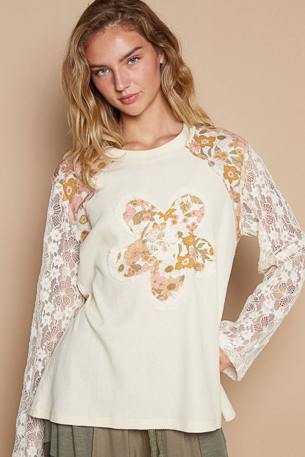 POL Flower Patch Lace Sleeve Knit Top-POL-Cream-S-Urbanheer