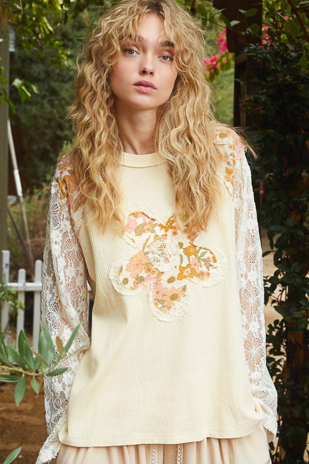 POL Flower Patch Lace Sleeve Knit Top-POL-Cream-S-Urbanheer