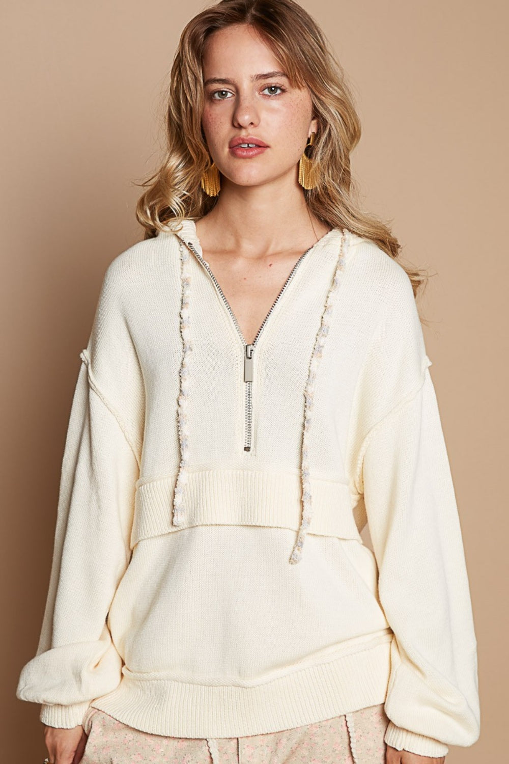 POL Half Zip Drop Shoulder Hooded Sweater-POL-Provence Cream-S-Urbanheer