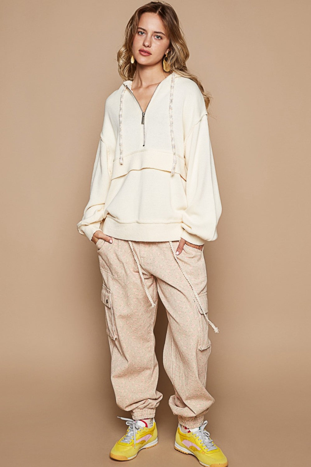 POL Half Zip Drop Shoulder Hooded Sweater-POL-Provence Cream-S-Urbanheer