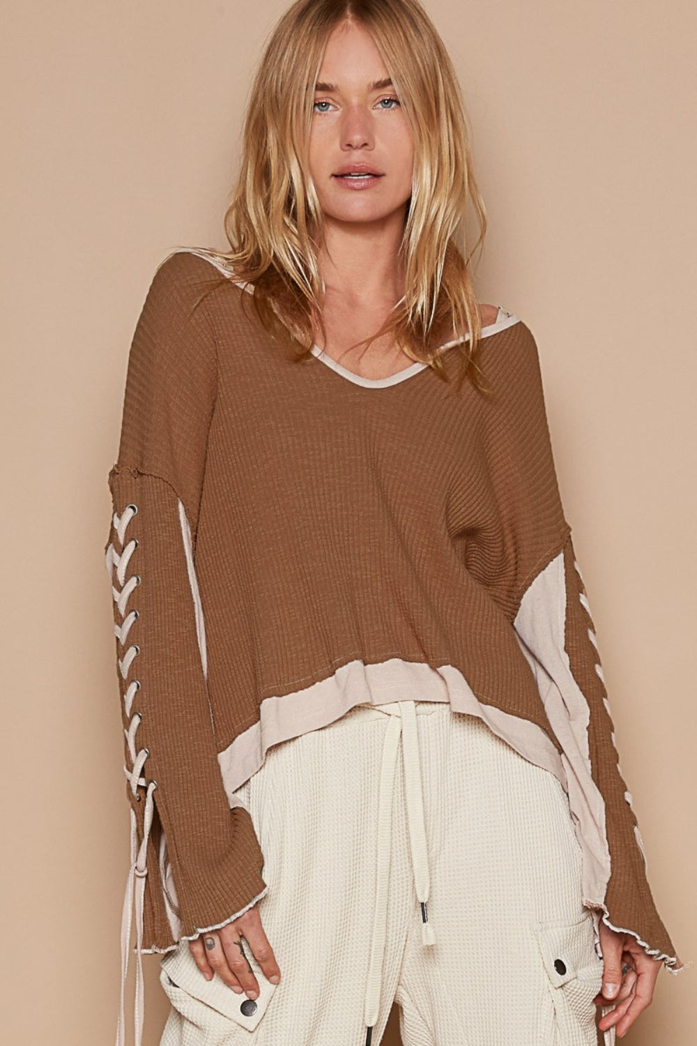 POL Lace-Up Sleeve Color Block Ribbed Knit Top-POL-Milk Chocolate-S-Urbanheer