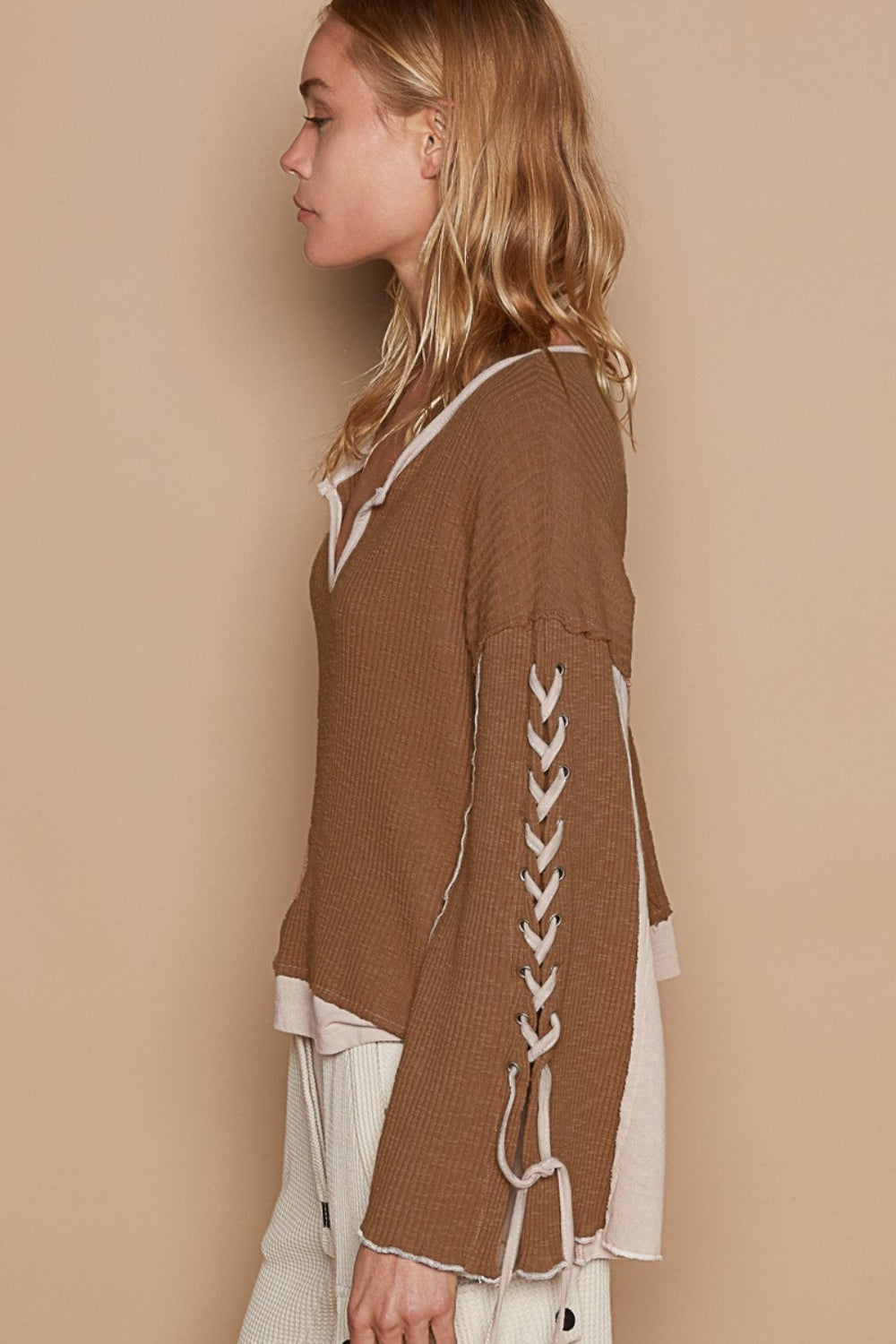 POL Lace-Up Sleeve Color Block Ribbed Knit Top-POL-Milk Chocolate-S-Urbanheer