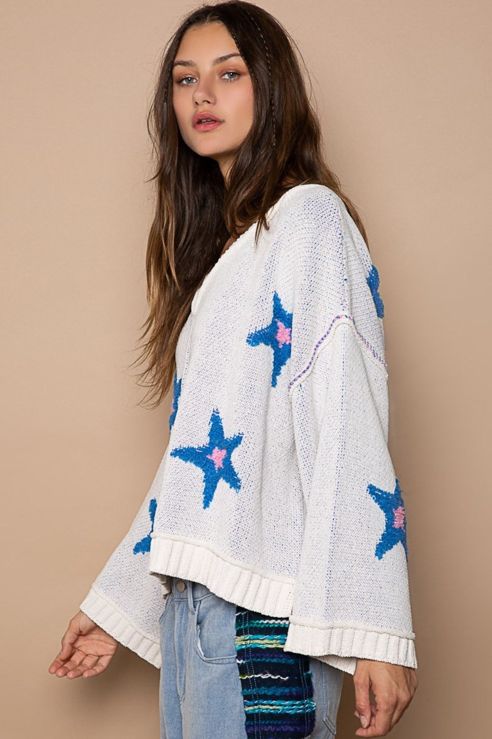 POL Long Sleeve Star Patch Sweater-POL-White-S-Urbanheer