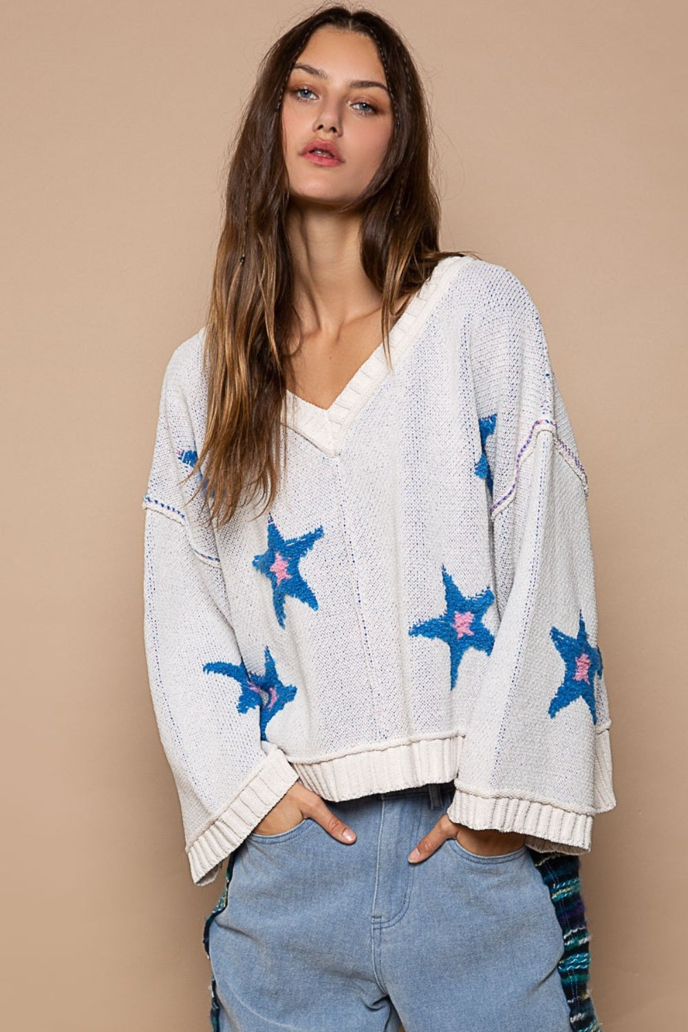 POL Long Sleeve Star Patch Sweater-POL-White-S-Urbanheer