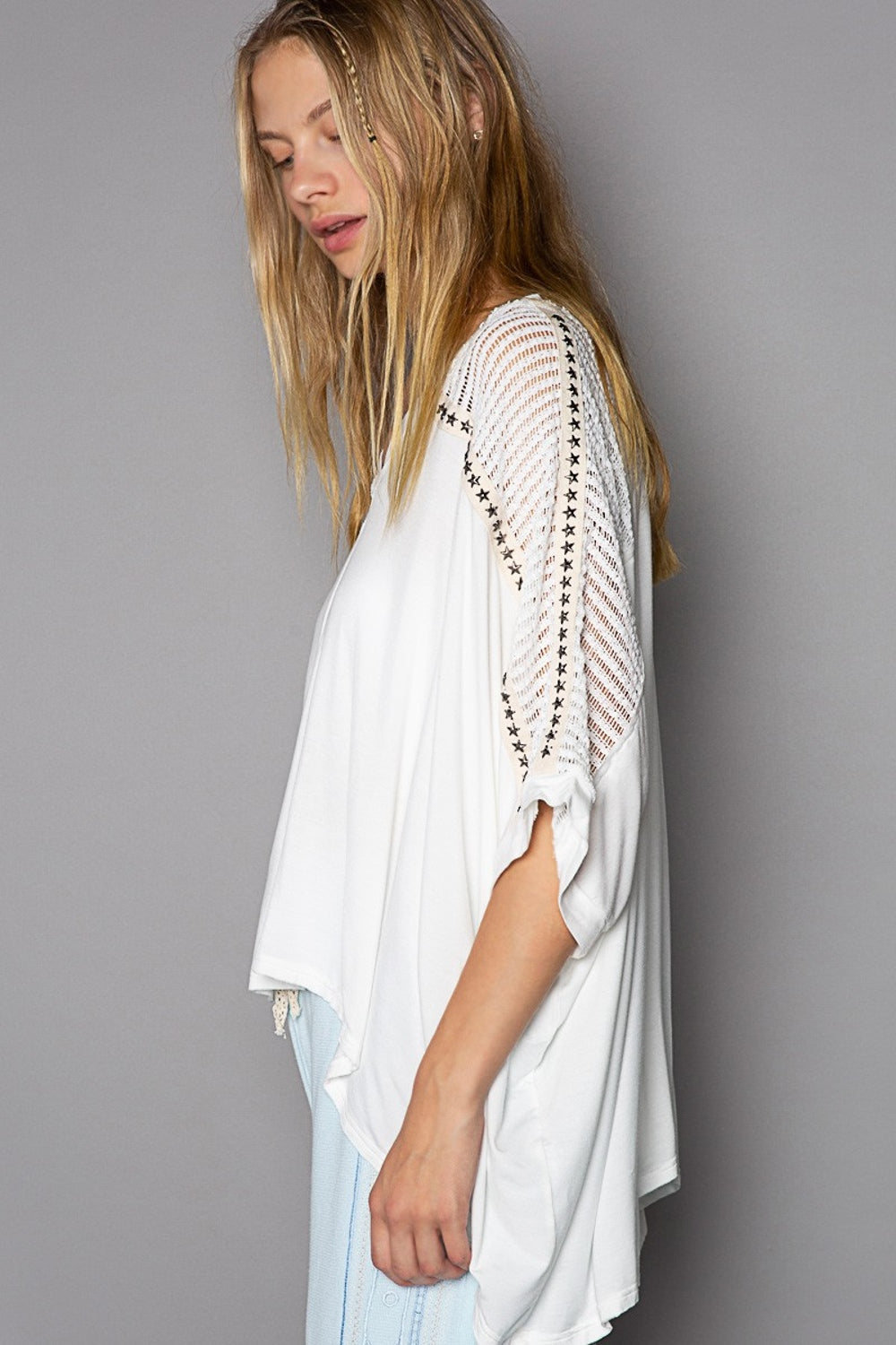 POL Oversize V-Neck Crochet Lace Contrast Studded Top-POL-Ivory-S-Urbanheer