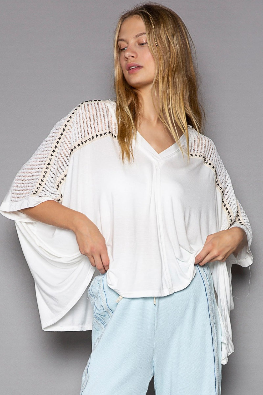 POL Oversize V-Neck Crochet Lace Contrast Studded Top-POL-Ivory-S-Urbanheer