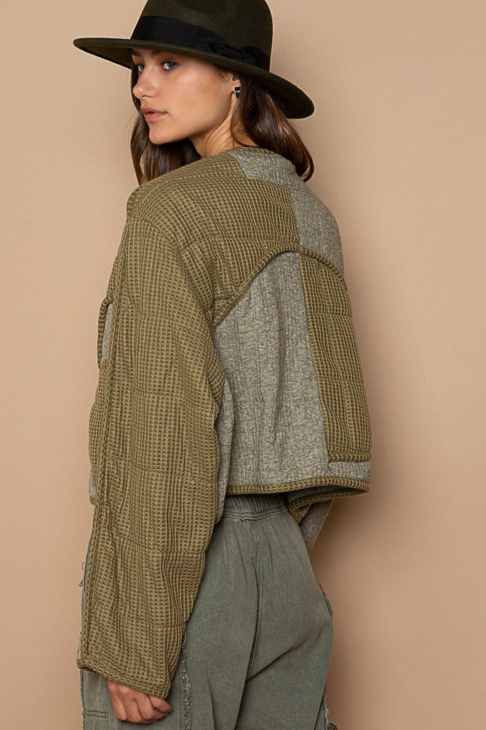POL Quilted Knit Viding Detail Knit Patch Jacket-POL-Olive-S-Urbanheer