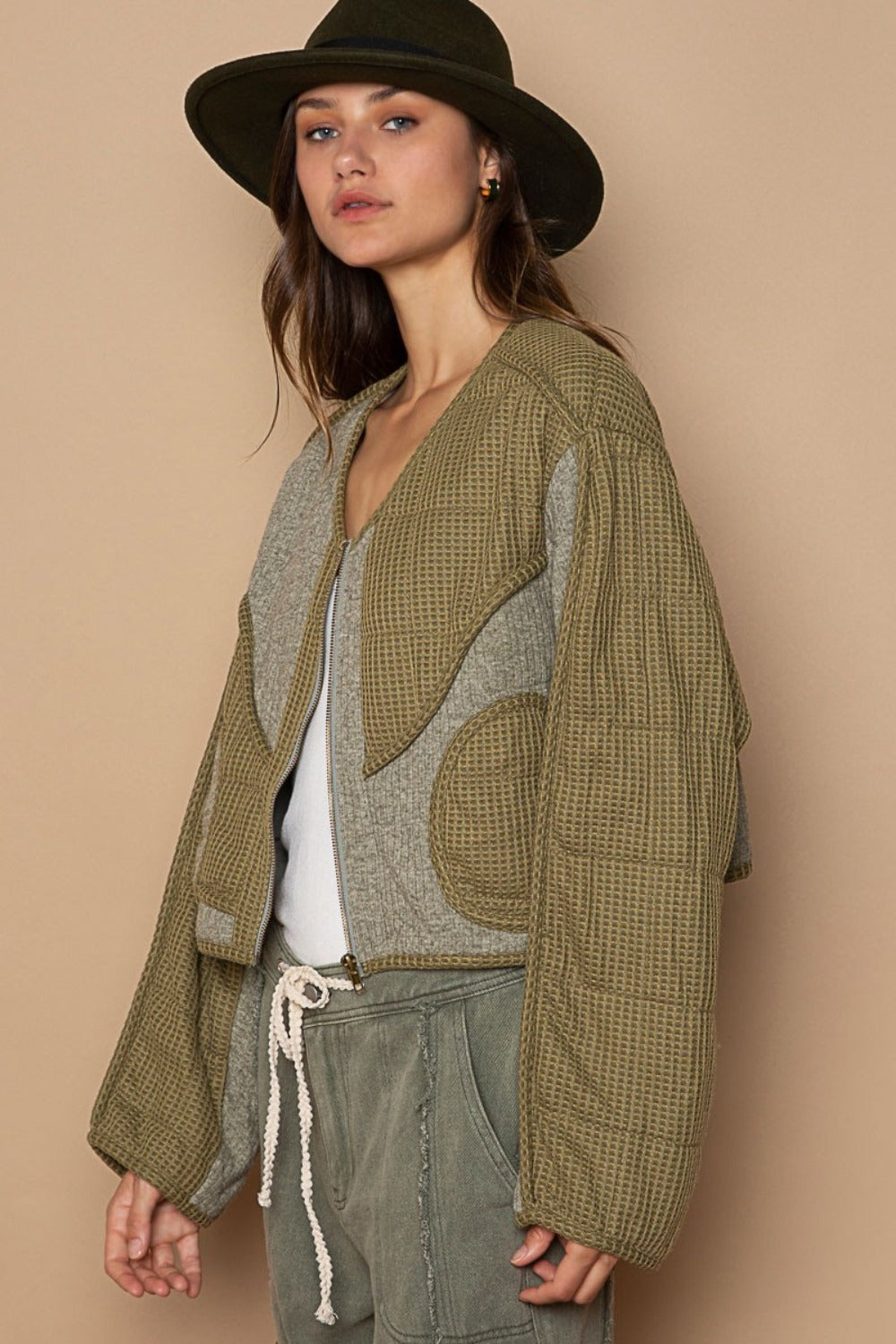 POL Quilted Knit Viding Detail Knit Patch Jacket-POL-Olive-S-Urbanheer