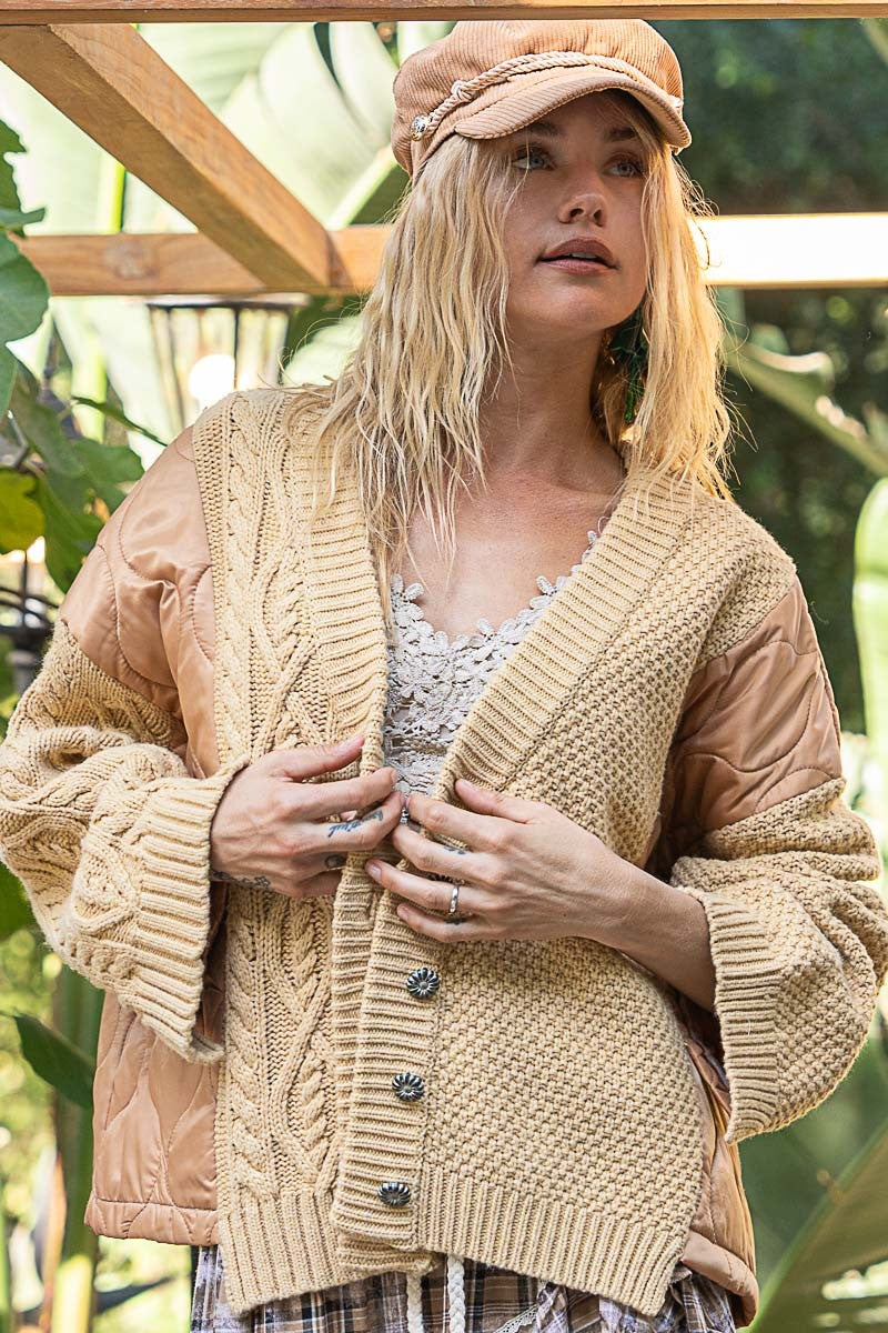 POL Quilting Patch Button Up Cable Knit Jacket-POL-Camel Multi-S-Urbanheer