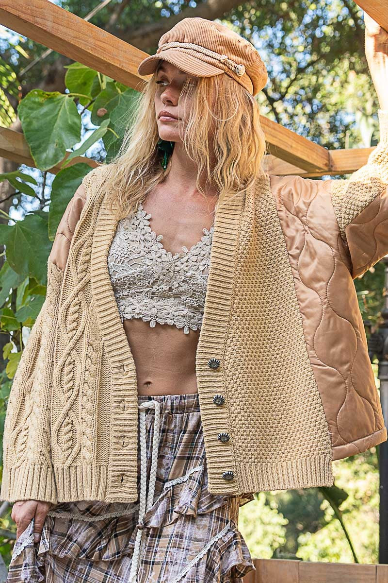 POL Quilting Patch Button Up Cable Knit Jacket-POL-Camel Multi-S-Urbanheer