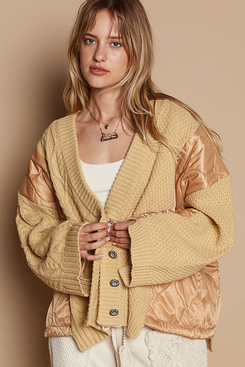 POL Quilting Patch Button Up Cable Knit Jacket-POL-Camel Multi-S-Urbanheer