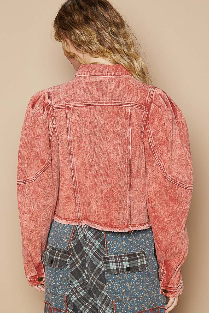 POL Raw Hem Button Up Cropped Denim Jacket-POL-Brick Red-S-Urbanheer