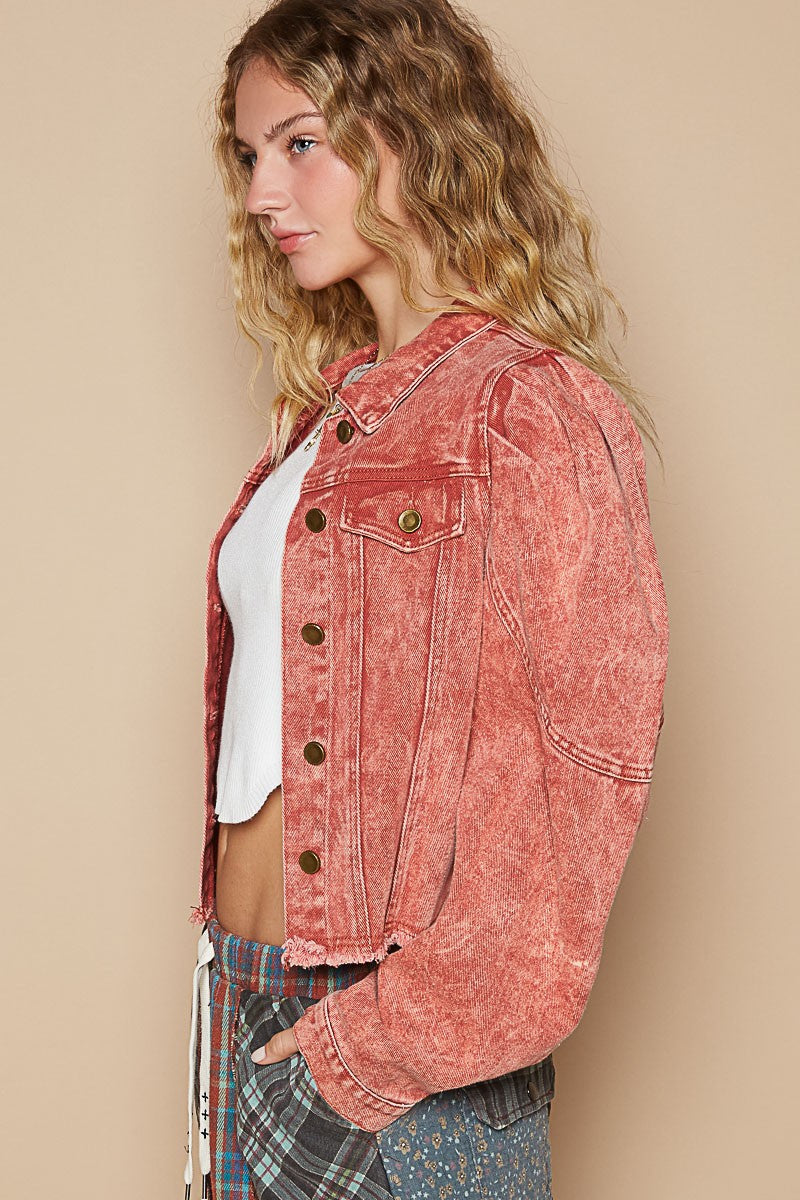POL Raw Hem Button Up Cropped Denim Jacket-POL-Brick Red-S-Urbanheer