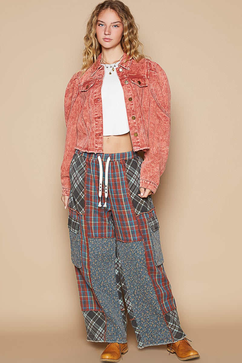POL Raw Hem Button Up Cropped Denim Jacket-POL-Brick Red-S-Urbanheer