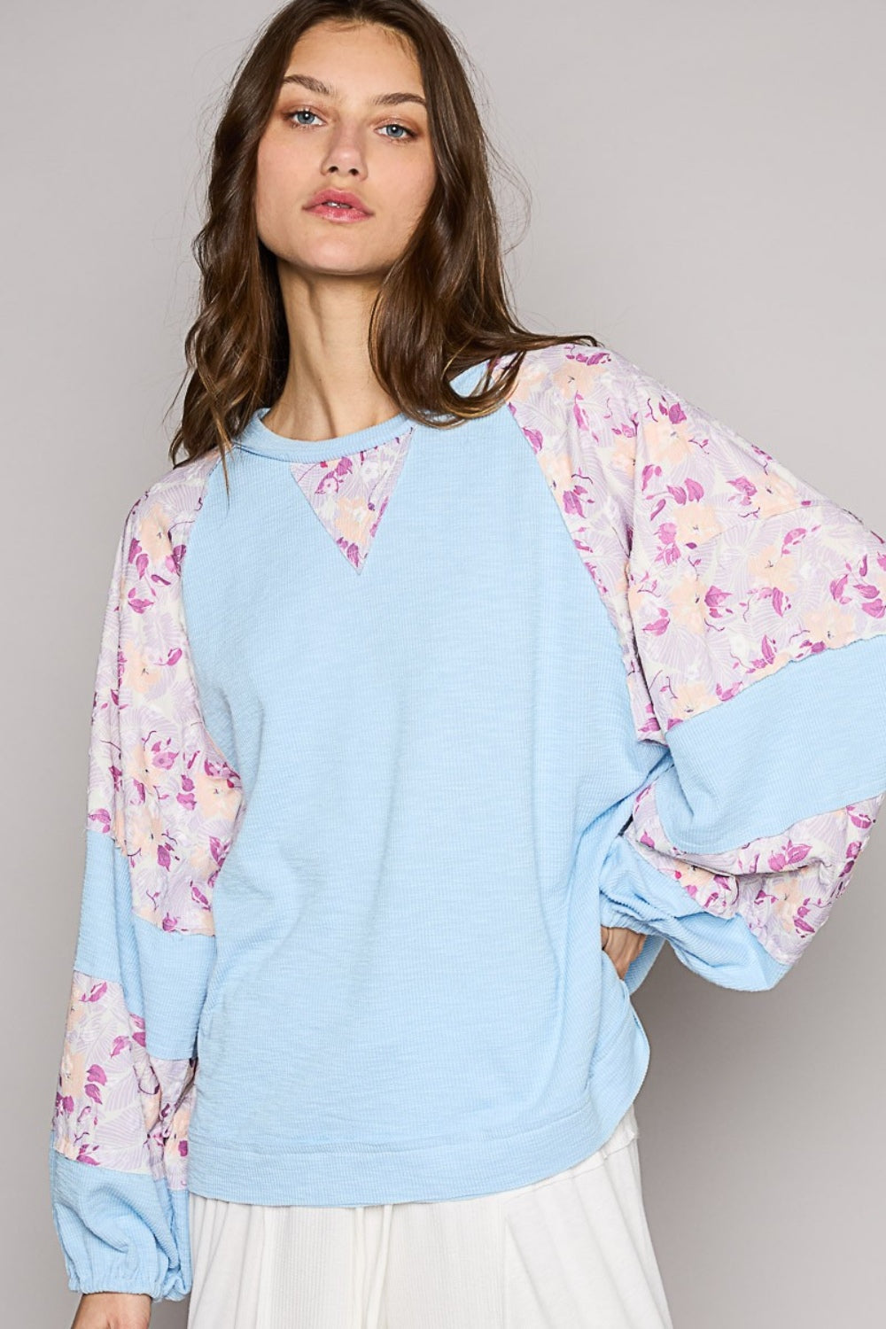 POL Round Neck Balloon Floral Long Sleeve Top-POL-Sky Blue Multi-S-Urbanheer