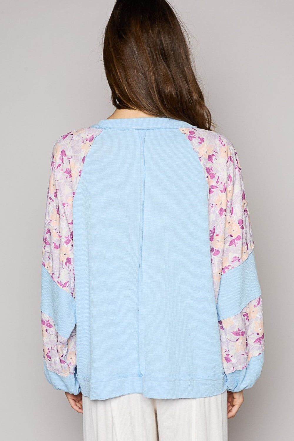 POL Round Neck Balloon Floral Long Sleeve Top-POL-Sky Blue Multi-S-Urbanheer