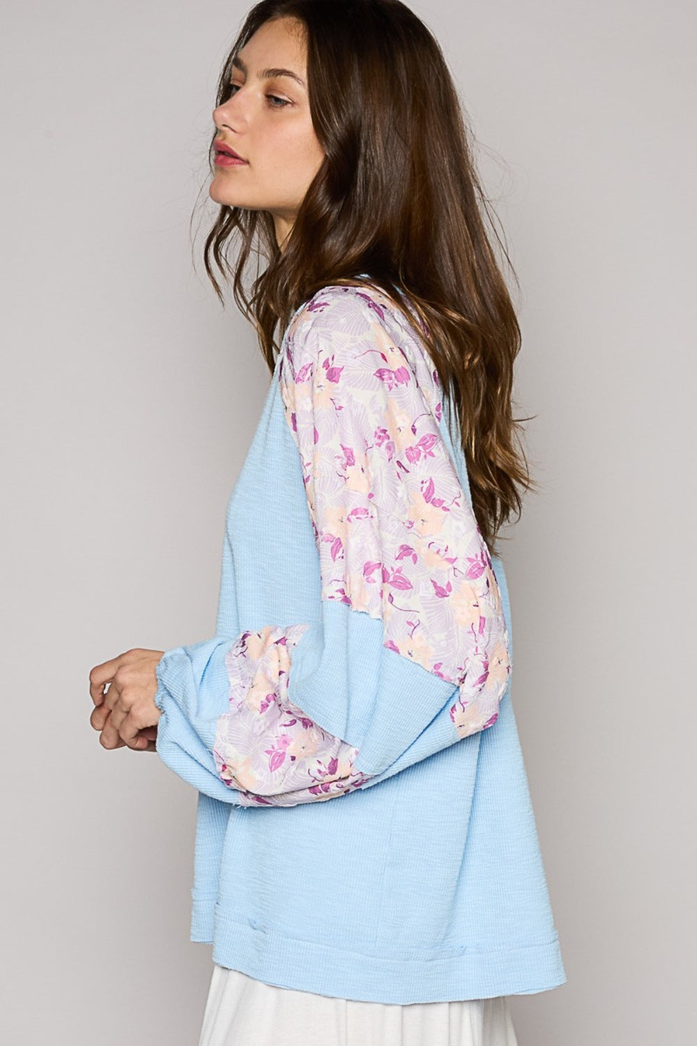 POL Round Neck Balloon Floral Long Sleeve Top-POL-Sky Blue Multi-S-Urbanheer