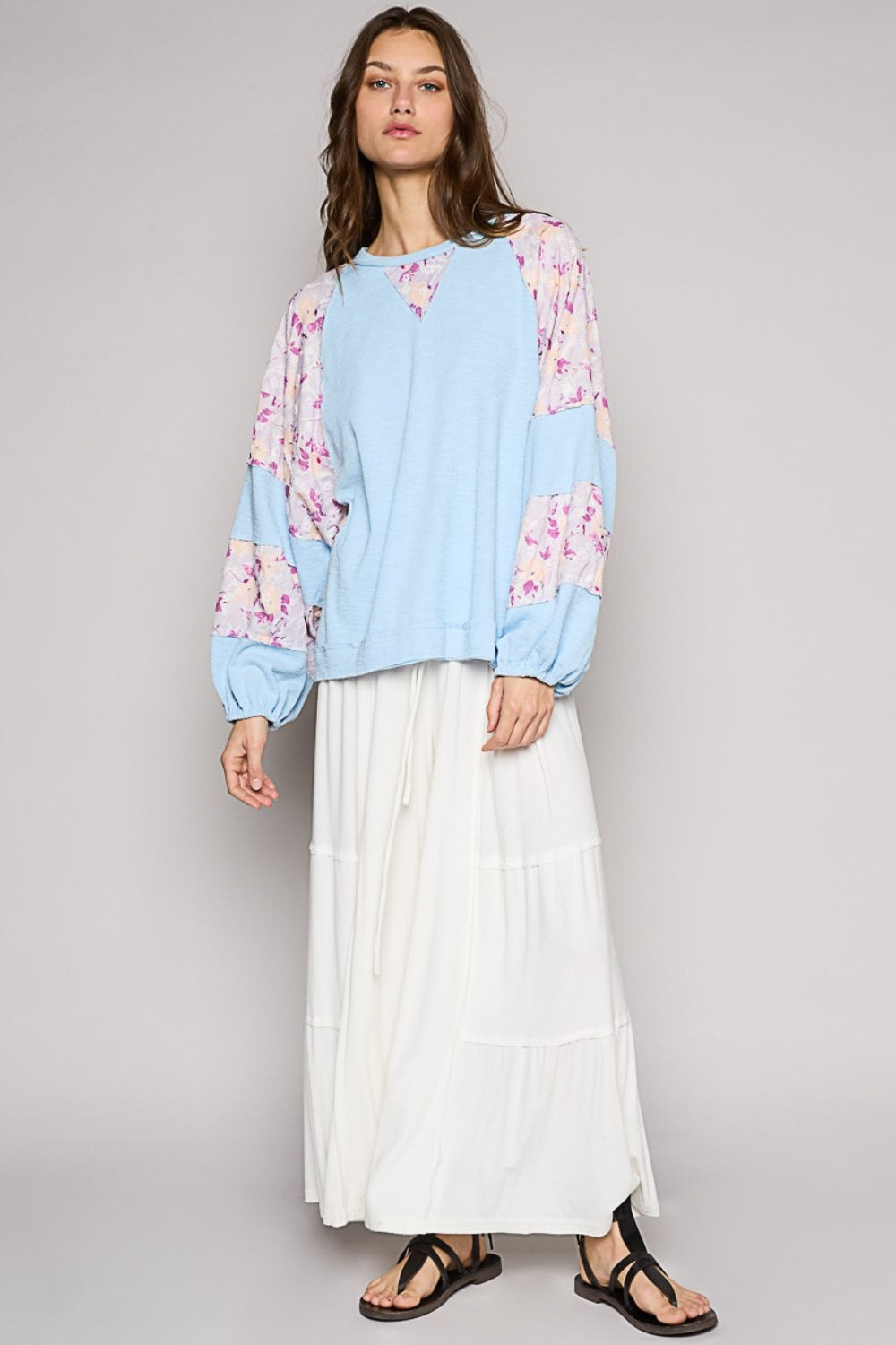 POL Round Neck Balloon Floral Long Sleeve Top-POL-Sky Blue Multi-S-Urbanheer