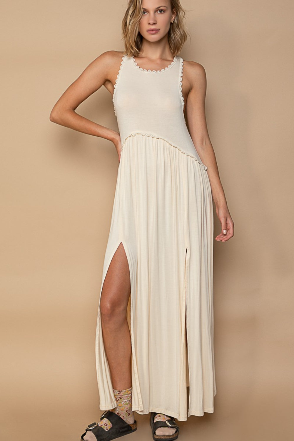 POL Sleeveless Back Zipper Front Slit Maxi Dress-POL-Cream-S-Urbanheer