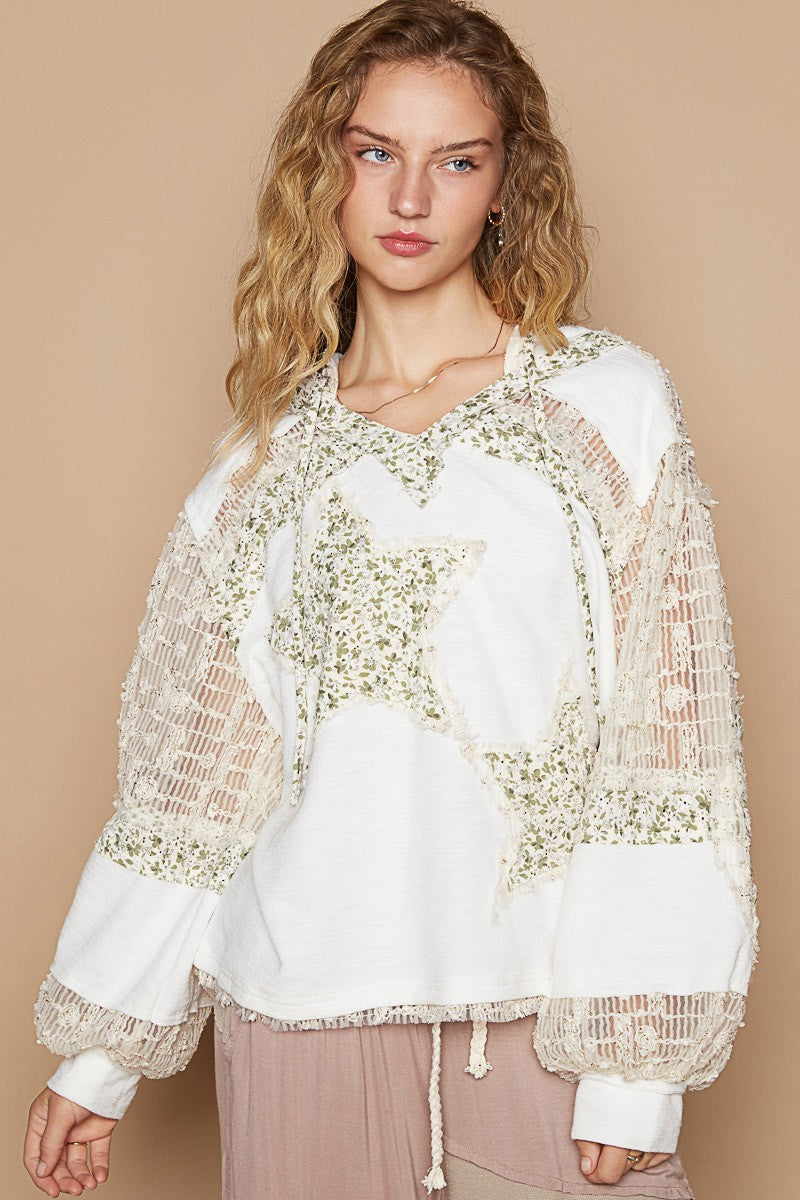 POL Star Patch Lace Contrast Long Sleeve Hooded Top-POL-Ivory Multi-S-Urbanheer