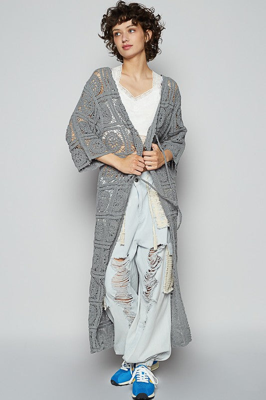 POL Tied Crochet 3/4 Sleeve Longline Cardigan-POL-Dark Gray-M-Urbanheer