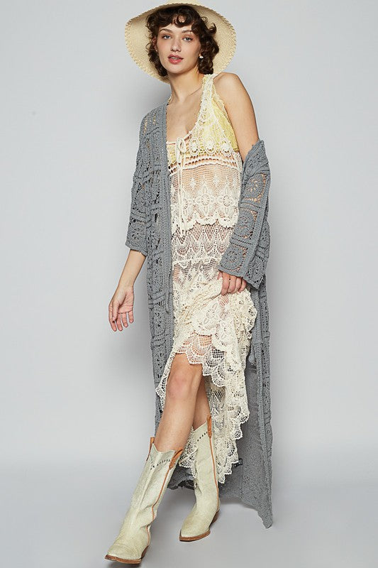 POL Tied Crochet 3/4 Sleeve Longline Cardigan-POL-Dark Gray-M-Urbanheer