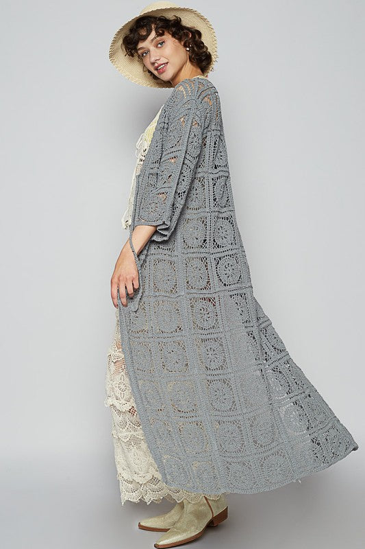 POL Tied Crochet 3/4 Sleeve Longline Cardigan-POL-Dark Gray-M-Urbanheer