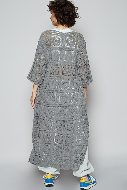 POL Tied Crochet 3/4 Sleeve Longline Cardigan-POL-Dark Gray-M-Urbanheer