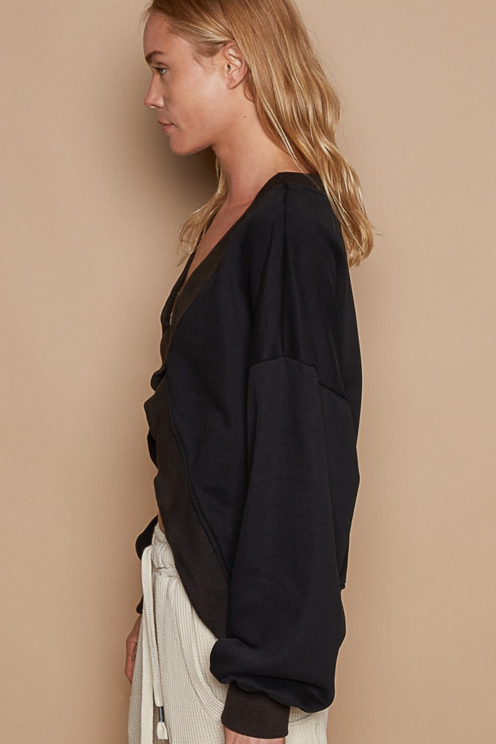 POL V-Cutout Rib Band Long Sleeve Sweatshirt-POL-Black-S-Urbanheer