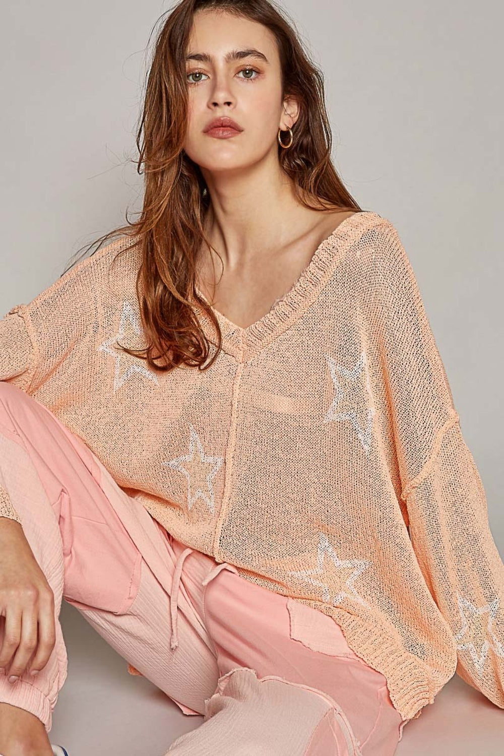POL V-Neck Long Sleeve Star Print Knit Top-POL-Peach-S-Urbanheer