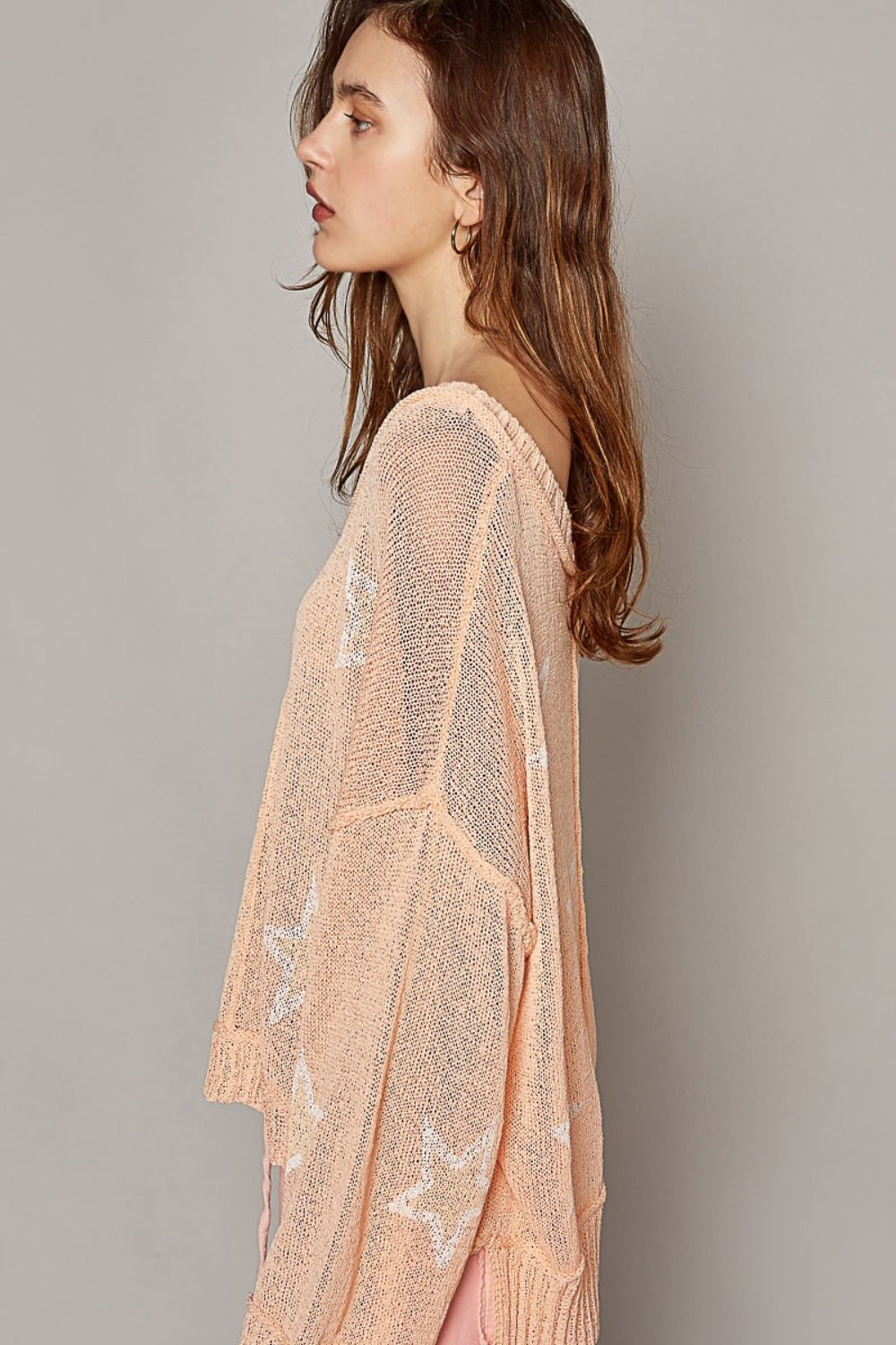 POL V-Neck Long Sleeve Star Print Knit Top-POL-Peach-S-Urbanheer