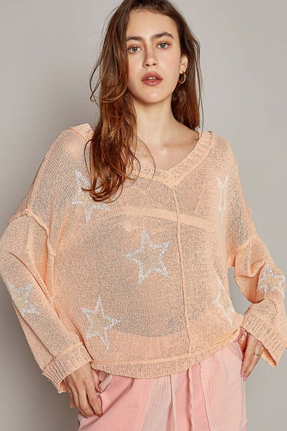POL V-Neck Long Sleeve Star Print Knit Top-POL-Peach-S-Urbanheer