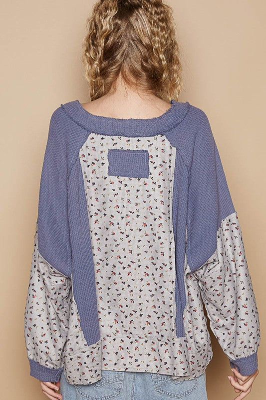 POL Waffle Knit Floral Notched Long Sleeve Top-POL-Dusty Blue-S-Urbanheer