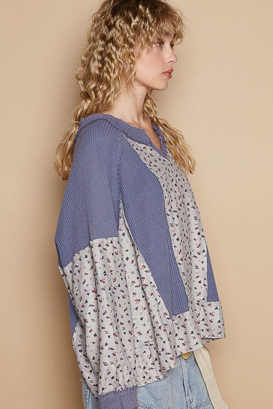 POL Waffle Knit Floral Notched Long Sleeve Top-POL-Dusty Blue-S-Urbanheer
