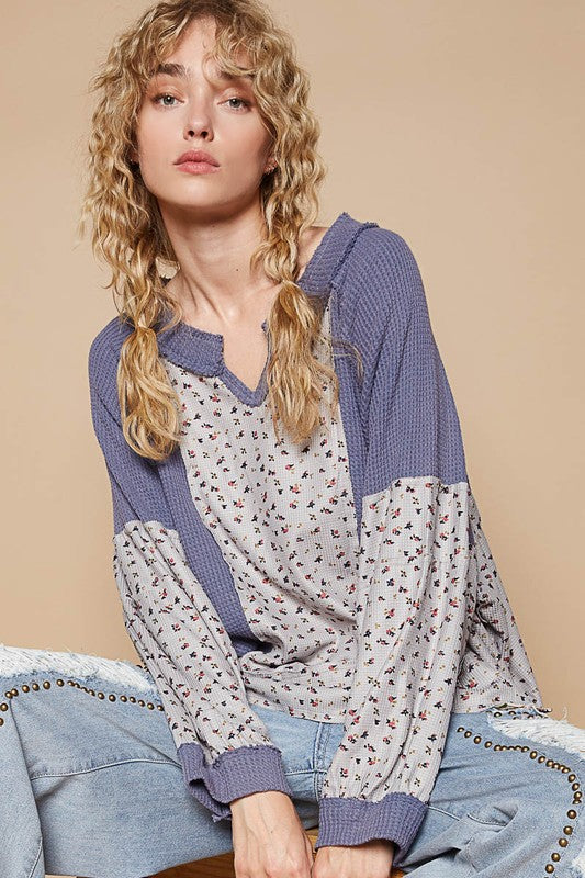 POL Waffle Knit Floral Notched Long Sleeve Top-POL-Dusty Blue-S-Urbanheer