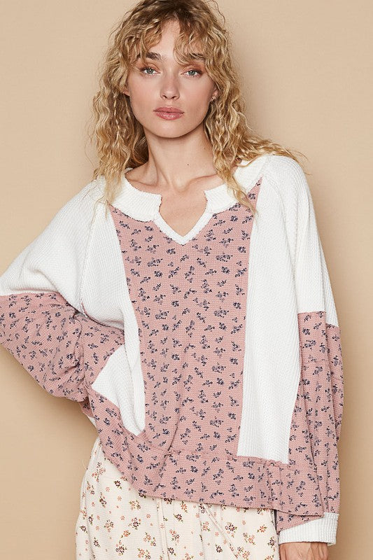 POL Waffle Knit Floral Notched Long Sleeve Top-POL-White-S-Urbanheer