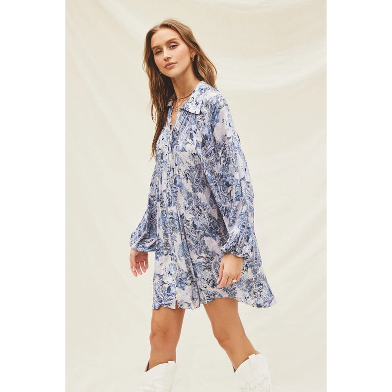 Paisley Fron Pleat Mini Dress-Dress-Dress Forum-S-DENIM COMBO-Urbanheer