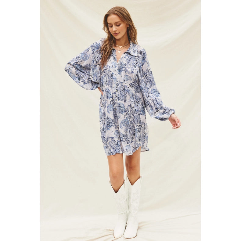 Paisley Fron Pleat Mini Dress-Dress-Dress Forum-S-DENIM COMBO-Urbanheer