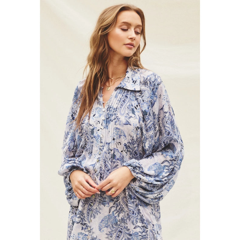 Paisley Fron Pleat Mini Dress-Dress-Dress Forum-S-DENIM COMBO-Urbanheer