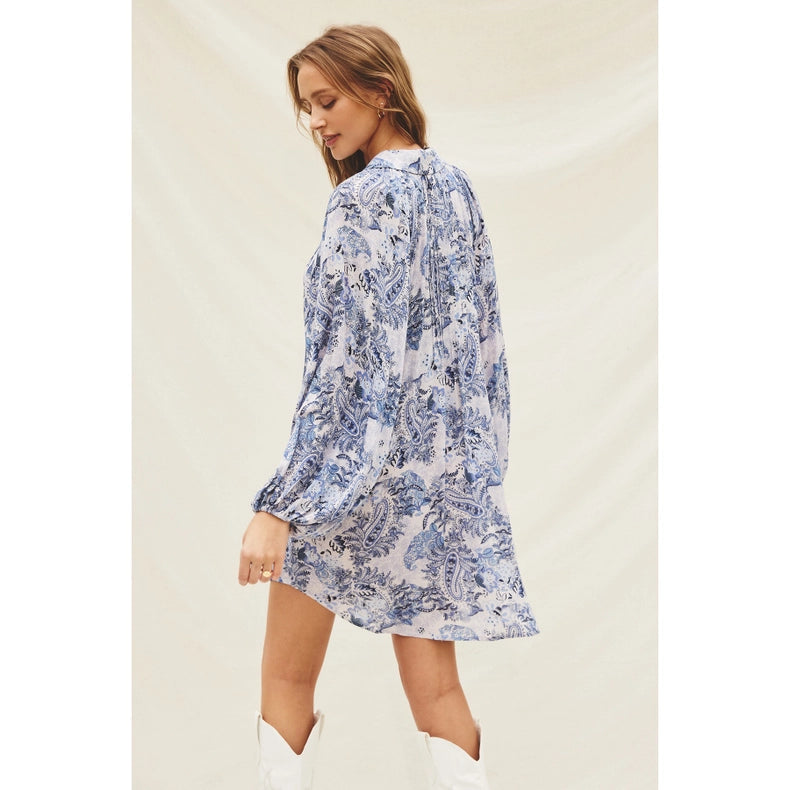 Paisley Fron Pleat Mini Dress-Dress-Dress Forum-S-DENIM COMBO-Urbanheer