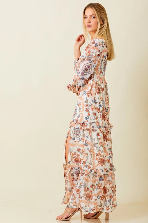 Paisley Print Pleated Ruffle Maxi Dress-Dress-Baevely by Wellmade USA-S-CREAM MULTI-Urbanheer