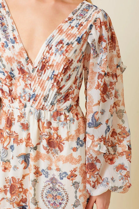 Paisley Print Pleated Ruffle Maxi Dress-Dress-Baevely by Wellmade USA-S-CREAM MULTI-Urbanheer