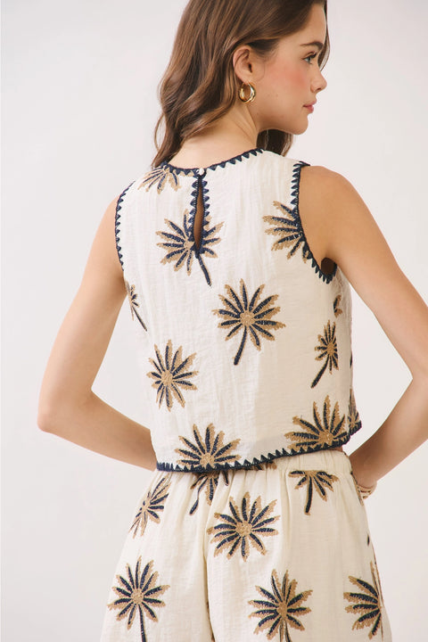 Palm Tree Embroidered Back Keyhole Crop Top