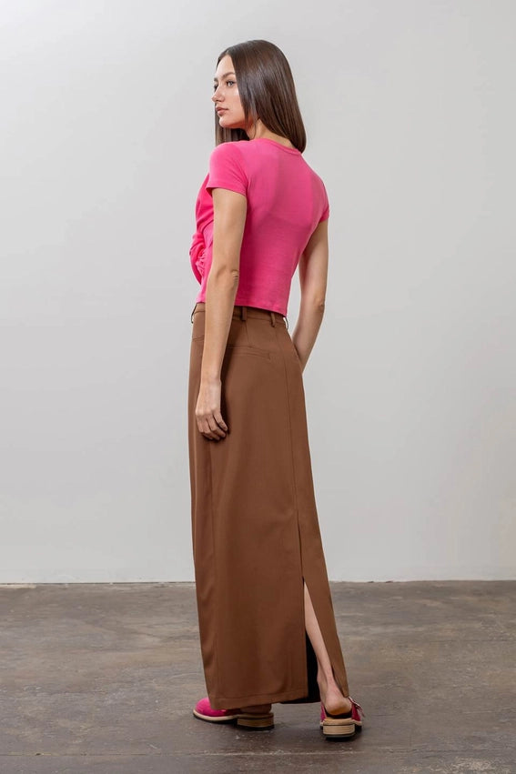 Panneled Back Slit Midi Skirt-Skirts-Moon River-XS-BROWN-Urbanheer