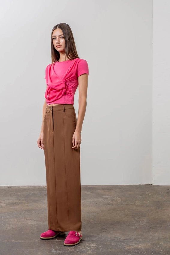Panneled Back Slit Midi Skirt-Skirts-Moon River-XS-BROWN-Urbanheer