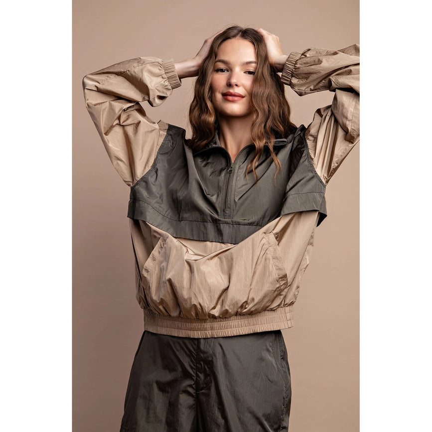 Parachute Half Zip Color Block Pullover Camel/Olive-Pullover-Rae Mode-S-Urbanheer