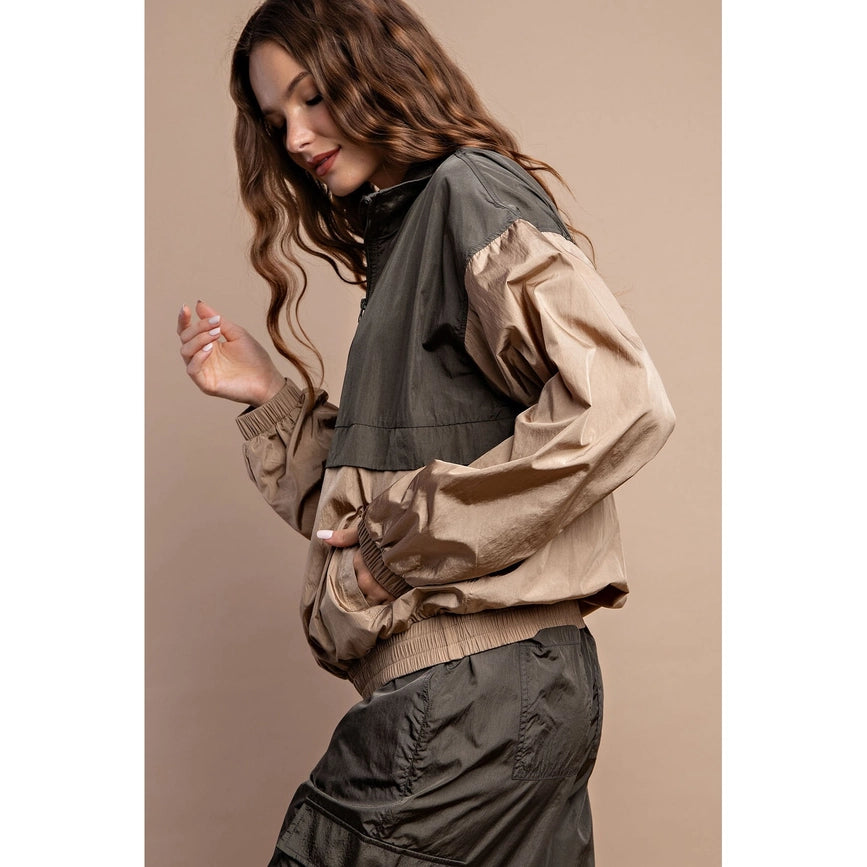 Parachute Half Zip Color Block Pullover Camel/Olive-Pullover-Rae Mode-S-Urbanheer
