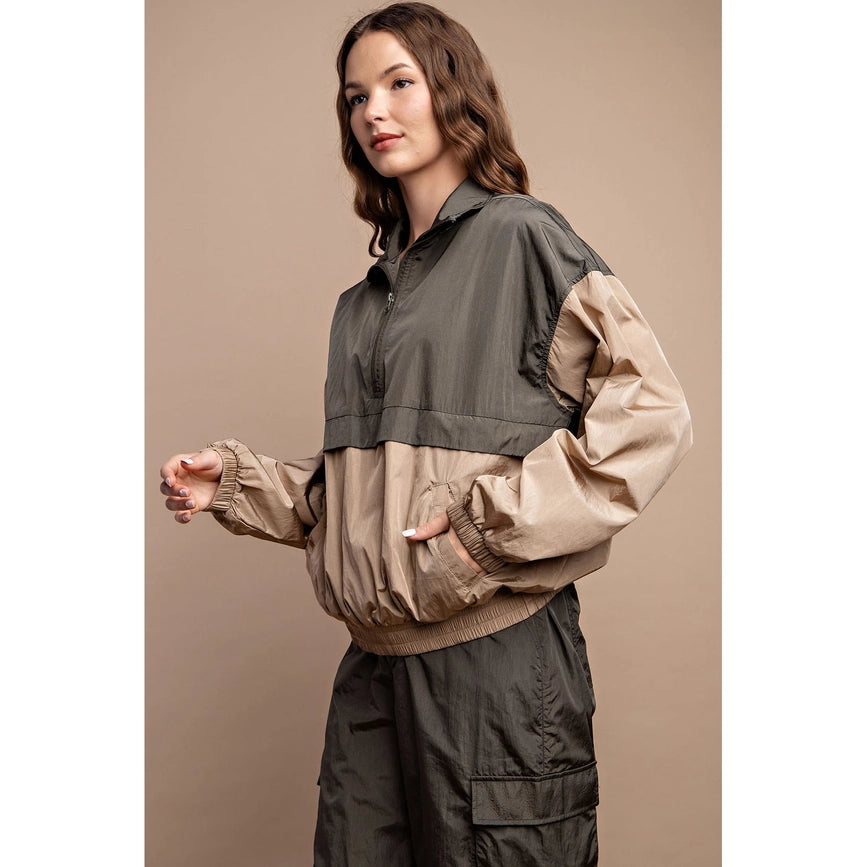 Parachute Half Zip Color Block Pullover Camel/Olive-Pullover-Rae Mode-S-Urbanheer