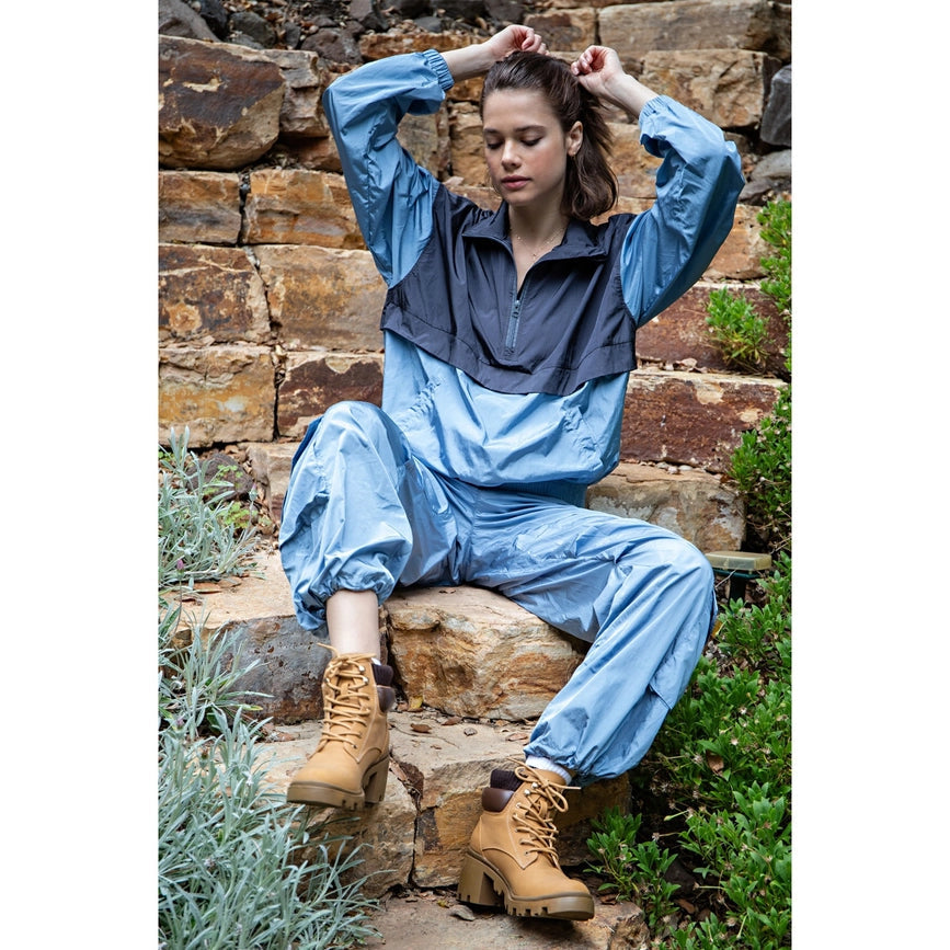 Parachute Half Zip Color Block Pullover Dusty Blue/Charcoal-Pullover-Rae Mode-S-Urbanheer